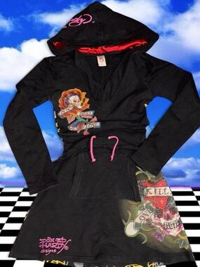 Ed Hardy Black Hooded Rhinestone Dress